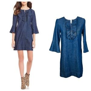 Draper James Dark Wash Chambray Ruffled Shift Dress.